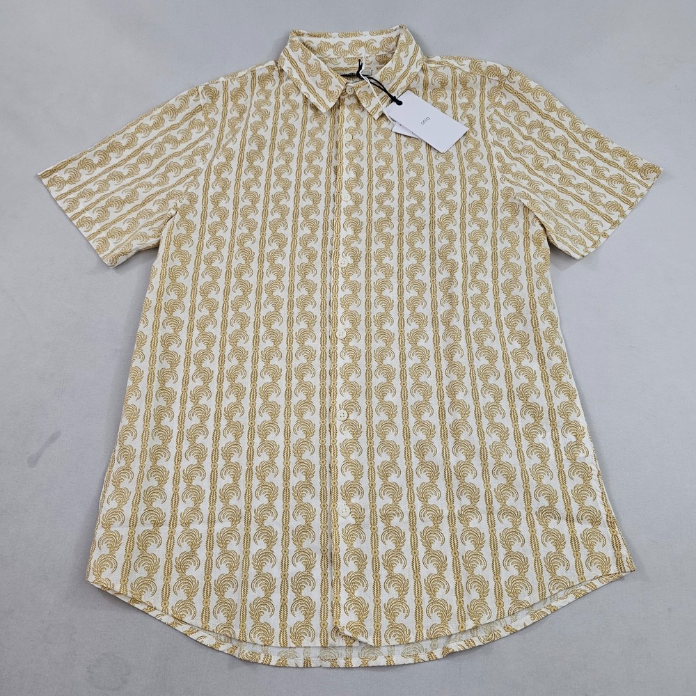 Onia Mens Jack Air Linen Shirt S Small Gold Floral Ratti Palm Stripe MTS119-07